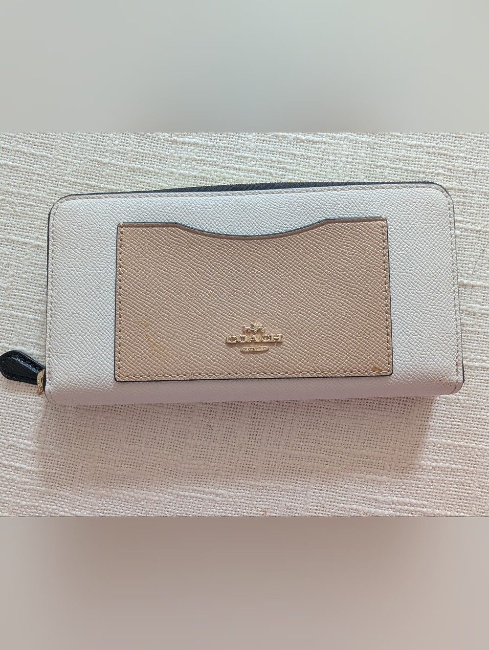 Coach Two-Tone Zip Wallet in Cream and Beige with Gold Logo